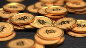 Bitcoin biznesowy koncept kryptowaluty, stos monet z symbolem bi
